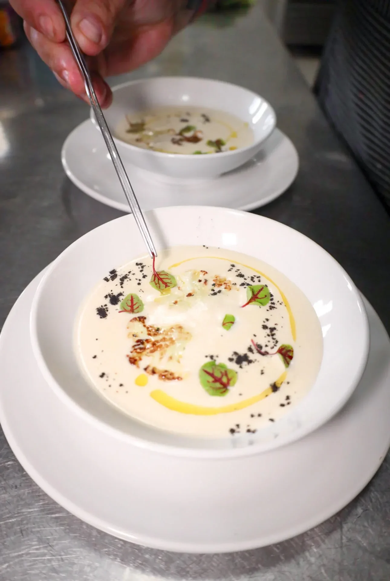 Cauliflower soup, plated to order
